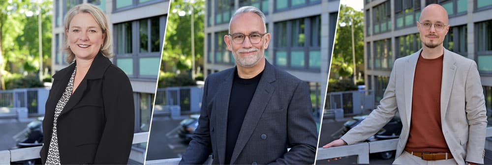 Einzelportraits: Sandra Gehling, Geschäftsführende Gesellschafterin, Mike Stoffels, Mitglied der Geschäftsleitung, Felix Beissel, Mitglied der Geschäftsleitung